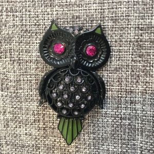 Betsy Johnson Black Owl Metal Brooch with Rhinestones